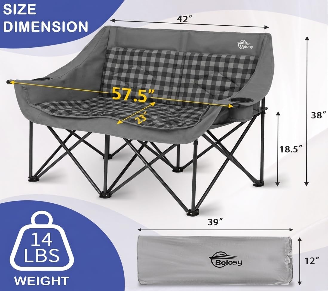 Bolosy Double Camping Chair Oversized Loveseat Heavy Duty 2 Person Camp Chair with Cup Holder Lawn ChairDuo Chair for Camping, Beach, Lawn, Picnics, Fishing, Sports,Supports 650 LBS, Grey