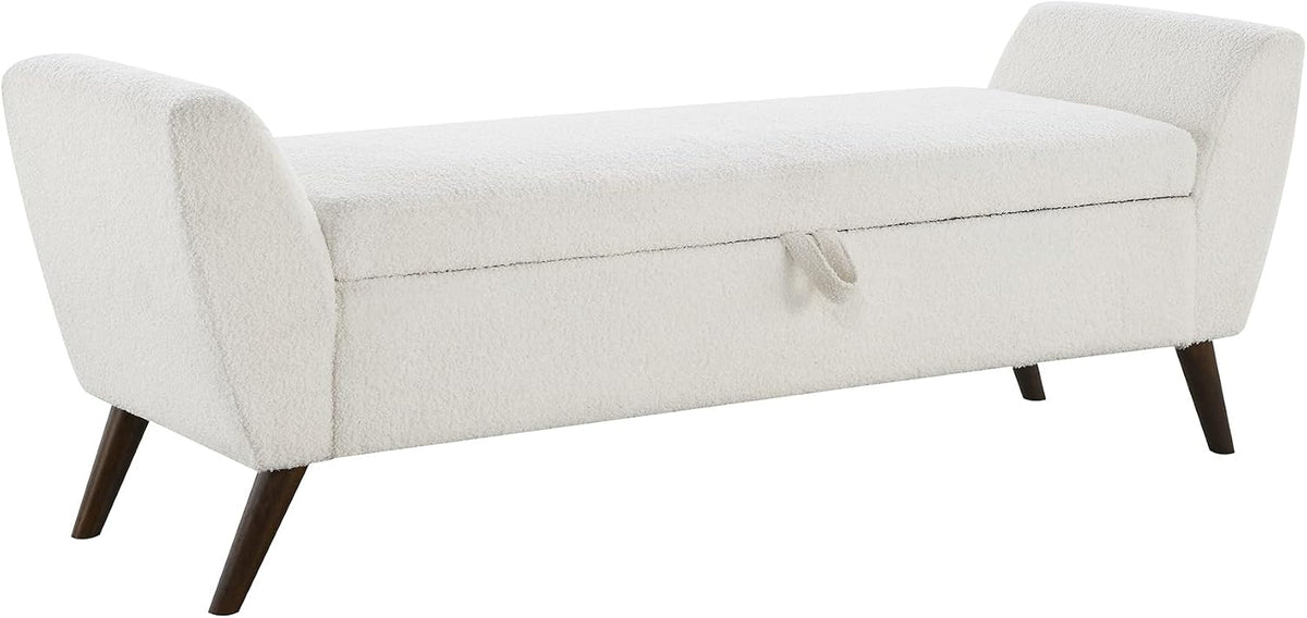 GDFStudio 60" Storage Bench with Seat & Hidden Storage, Teddy Fabric Upholstered Entryway Bedroom Bench, Solid Wood Frame, Rubber Wood Legs, Foam Cushion Seat, Cream