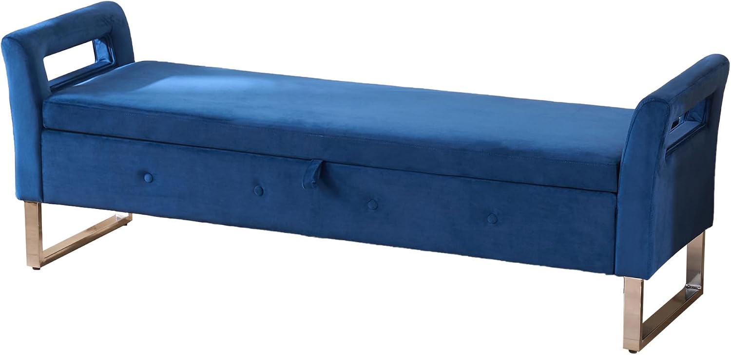 GDFStudio Velvet Storage Bench with Hidden Compartment - Upholstered Ottoman for Entryway, Bedroom, Living Room - Soft Foam Cushion, Sturdy Silver Metal Legs, Easy Assembly - Navy Storage Seat