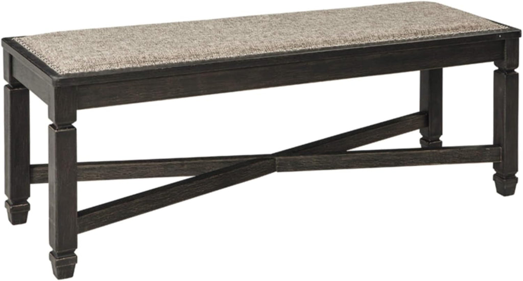 Signature Design by Ashley Tyler Creek Farmhouse Upholstered Dining Room Bench with Tapered Legs, Heavy Woven Fabric, Wood, 19.5" High Seat, Black & Gray