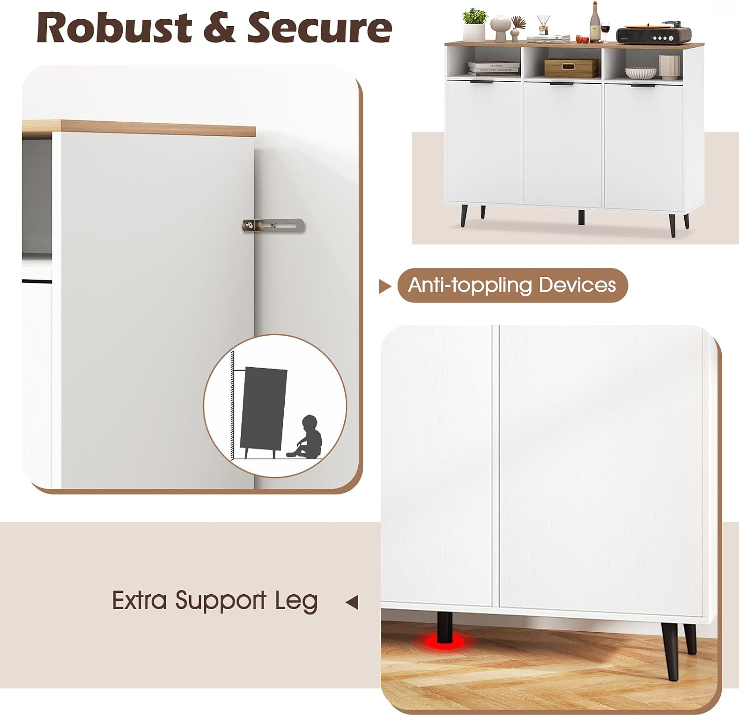 LOKO 47" W Buffet Sideboard, Kitchen Storage Cabinet with 3 Open Compartments, 3 Doors, 5-Position Adjustable Shelves, Coffee Bar Cabinet, Accent Sideboard for Living Room, White