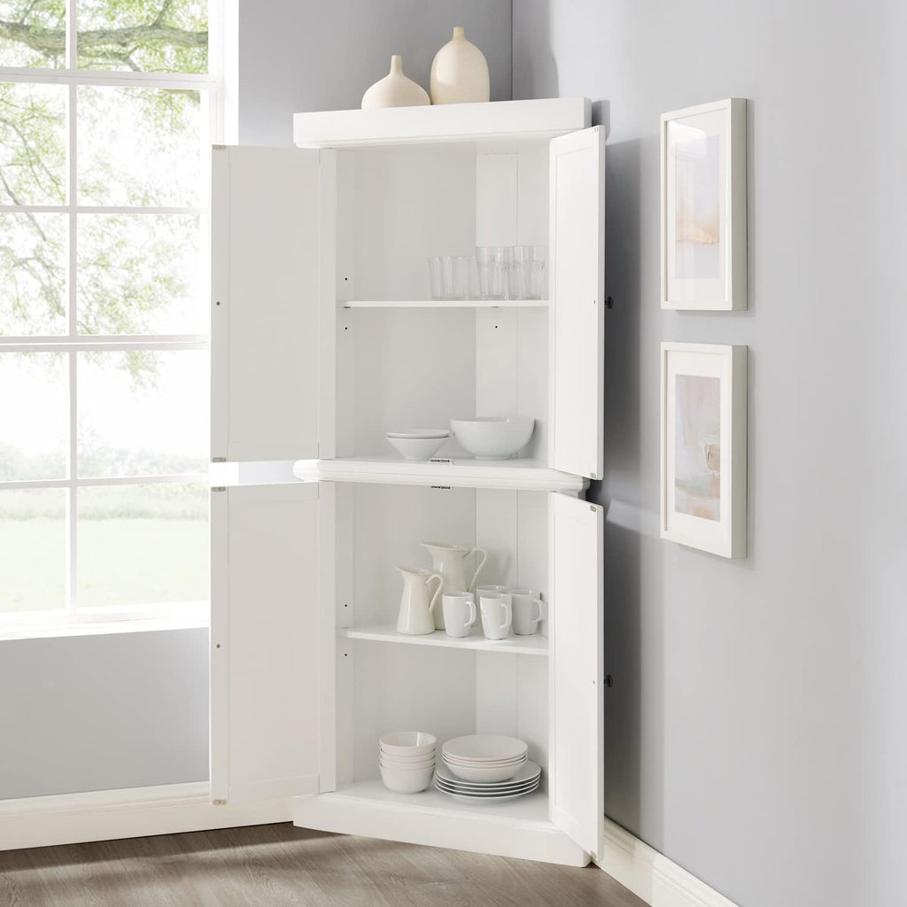 Maykoosh Tall Corner Pantry Cabinet - Modern Kitchen Storage, 2 Stackable Pantries, White, Space Saving