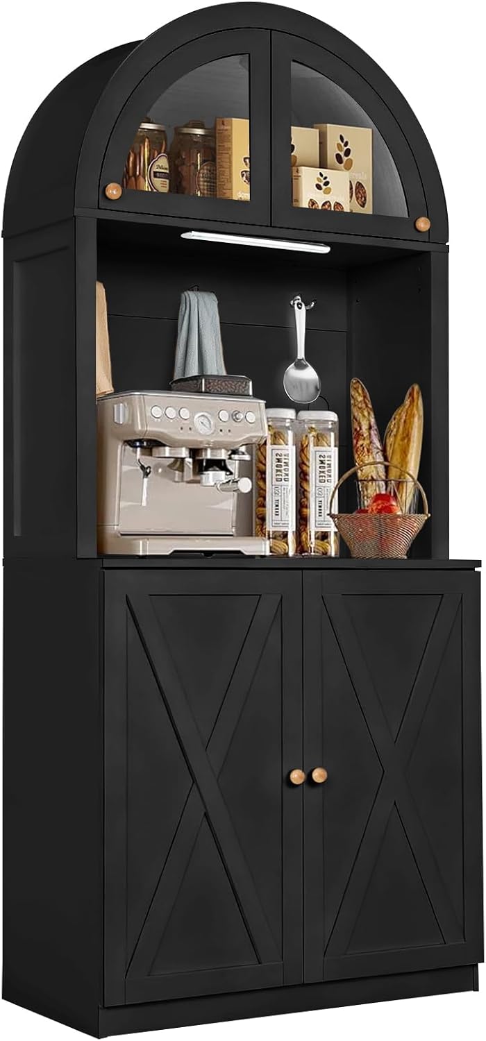 71" Tall Arched Kitchen Pantry Cabinet, Farmhouse Storage Cabinet with LED Light, Adjustable Shelves & Glass Door, Versatile Cupboard for Kitchen, Dining Room, Bathroom