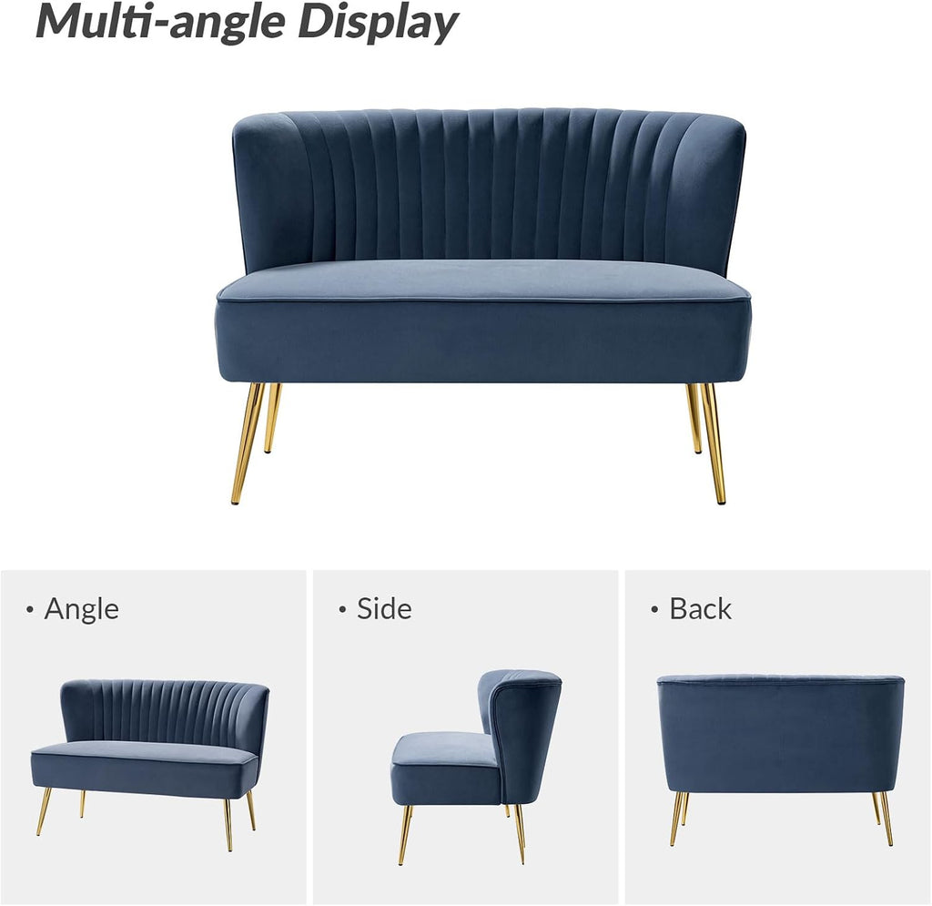 TINA'S HOME Mid-Century Velvet Loveseat Sofa, Upholstered Loveseat Couch with Golden Metal Legs, Small Tufted 2-Seat Sofa Armless Love Seat for Living Room Bedroom, Slate Blue