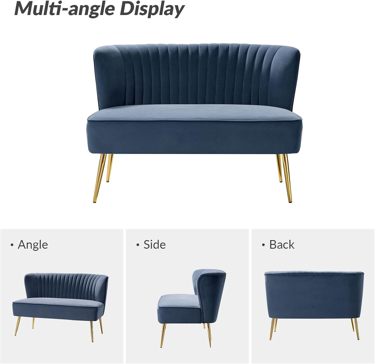 TINA'S HOME Mid-Century Velvet Loveseat Sofa, Upholstered Loveseat Couch with Golden Metal Legs, Small Tufted 2-Seat Sofa Armless Love Seat for Living Room Bedroom, Slate Blue