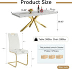 Faux Marble Dining Table Set for 6, Modern Kitchen Table Chairs Set 6, 70" Faux Marble Table with Gold Stainless Steel Leg, 6 White Pu Leather Chairs, 7 Piece Dining Set for Kitchen Living Dining Room