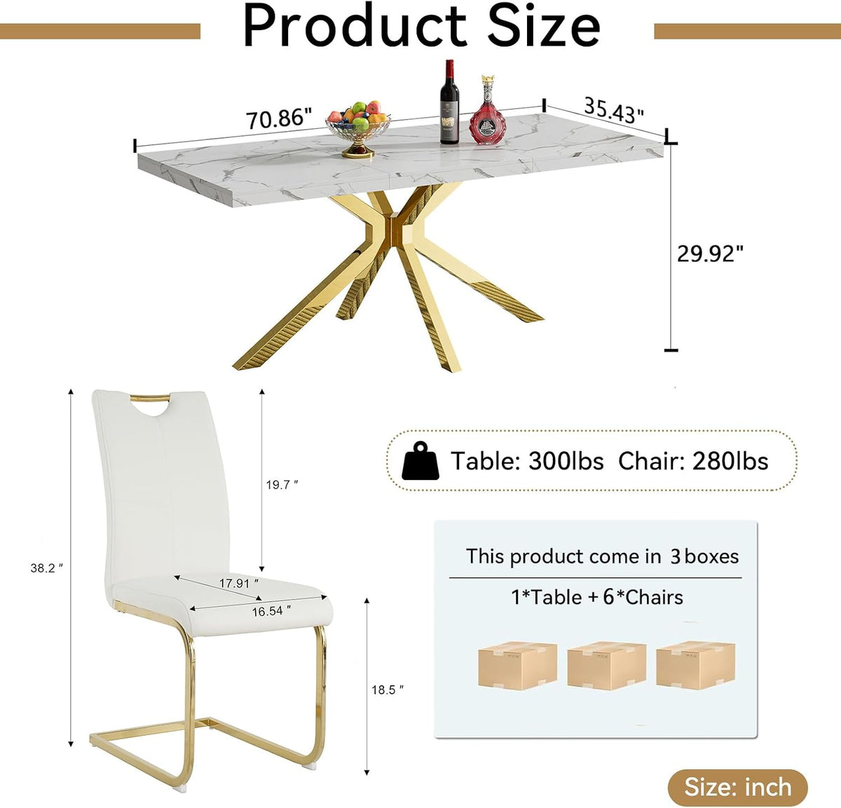 Faux Marble Dining Table Set for 6, Modern Kitchen Table Chairs Set 6, 70" Faux Marble Table with Gold Stainless Steel Leg, 6 White Pu Leather Chairs, 7 Piece Dining Set for Kitchen Living Dining Room