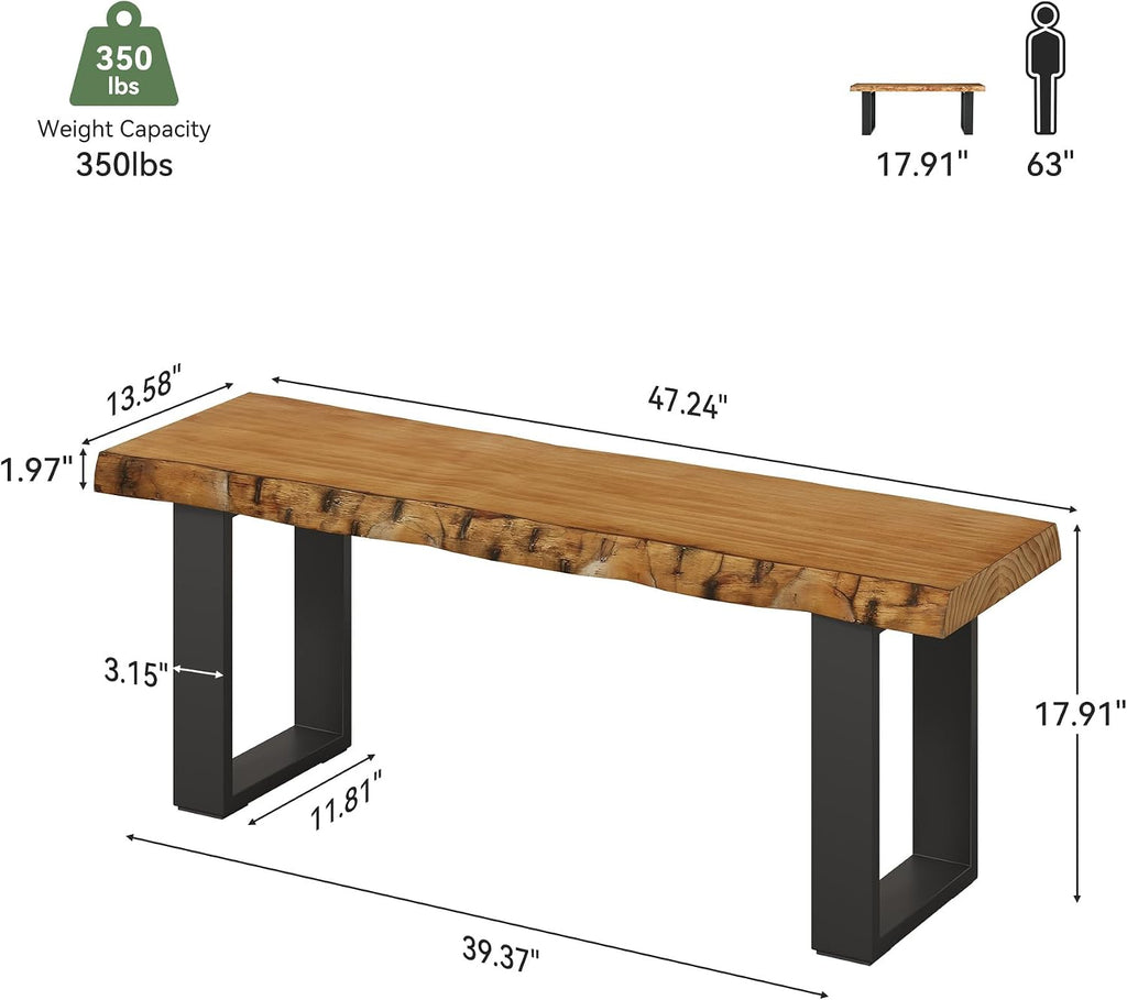 Solid Wood Dining Bench, 47'' Industrial Entryway Bench with Black Metal Legs, Narrow Long End of Bed Bench for Bedroom, Kitchen, Living Room, Hallway, Easy Assembly