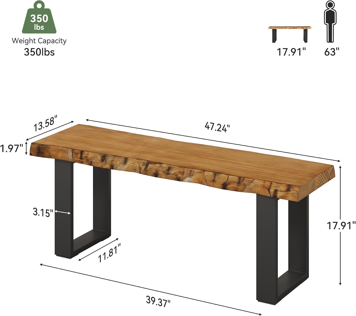 Solid Wood Dining Bench, 47'' Industrial Entryway Bench with Black Metal Legs, Narrow Long End of Bed Bench for Bedroom, Kitchen, Living Room, Hallway, Easy Assembly