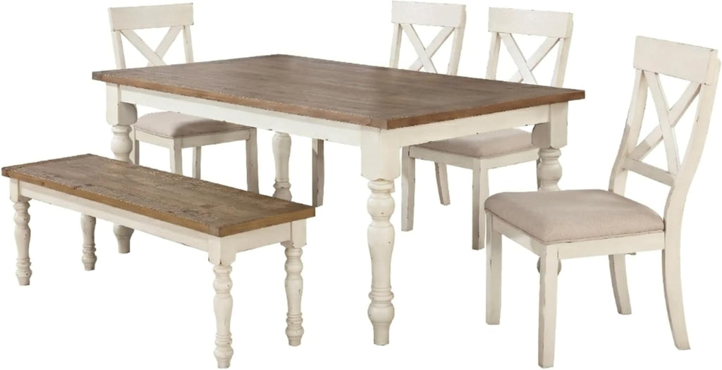 Roundhill Furniture Prato 6-Piece Dining Set, Dining Table with 4 Cross Back Chairs and Bench, Antique White and Distressed Oak Finish