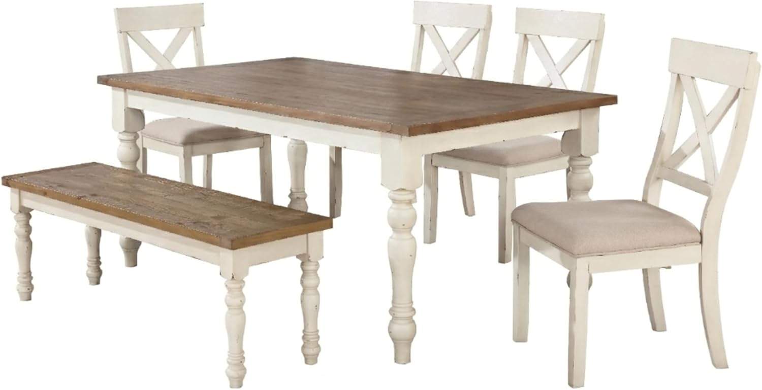 Roundhill Furniture Prato 6-Piece Dining Set, Dining Table with 4 Cross Back Chairs and Bench, Antique White and Distressed Oak Finish