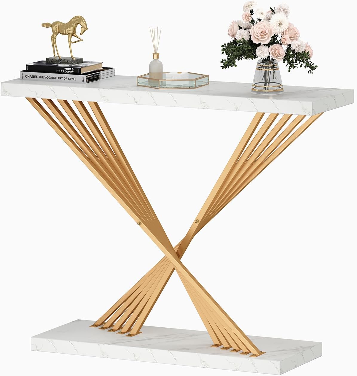 UNIQUITE 39.4 Inch Gold Console Table, White Faux Marble Modern Entryway Table Sofa Tables Behind The Couch for Entrance Hallway Living Room, X-Shape