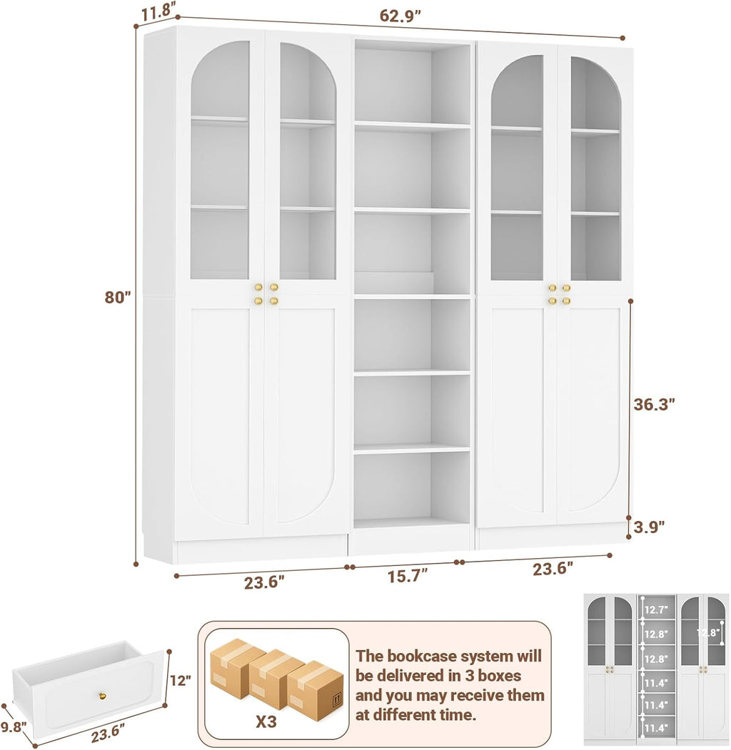 Cyclysio 80" Tall Pantry System with 4 Tempered Glass Doors, Arched Corner Pantries with 6-Tier Open Shelves, Wooden Cupboard Storage Organizer with Baseboard Cutout for Living Room