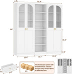 Cyclysio 80" Tall Pantry System with 4 Tempered Glass Doors, Arched Corner Pantries with 6-Tier Open Shelves, Wooden Cupboard Storage Organizer with Baseboard Cutout for Living Room