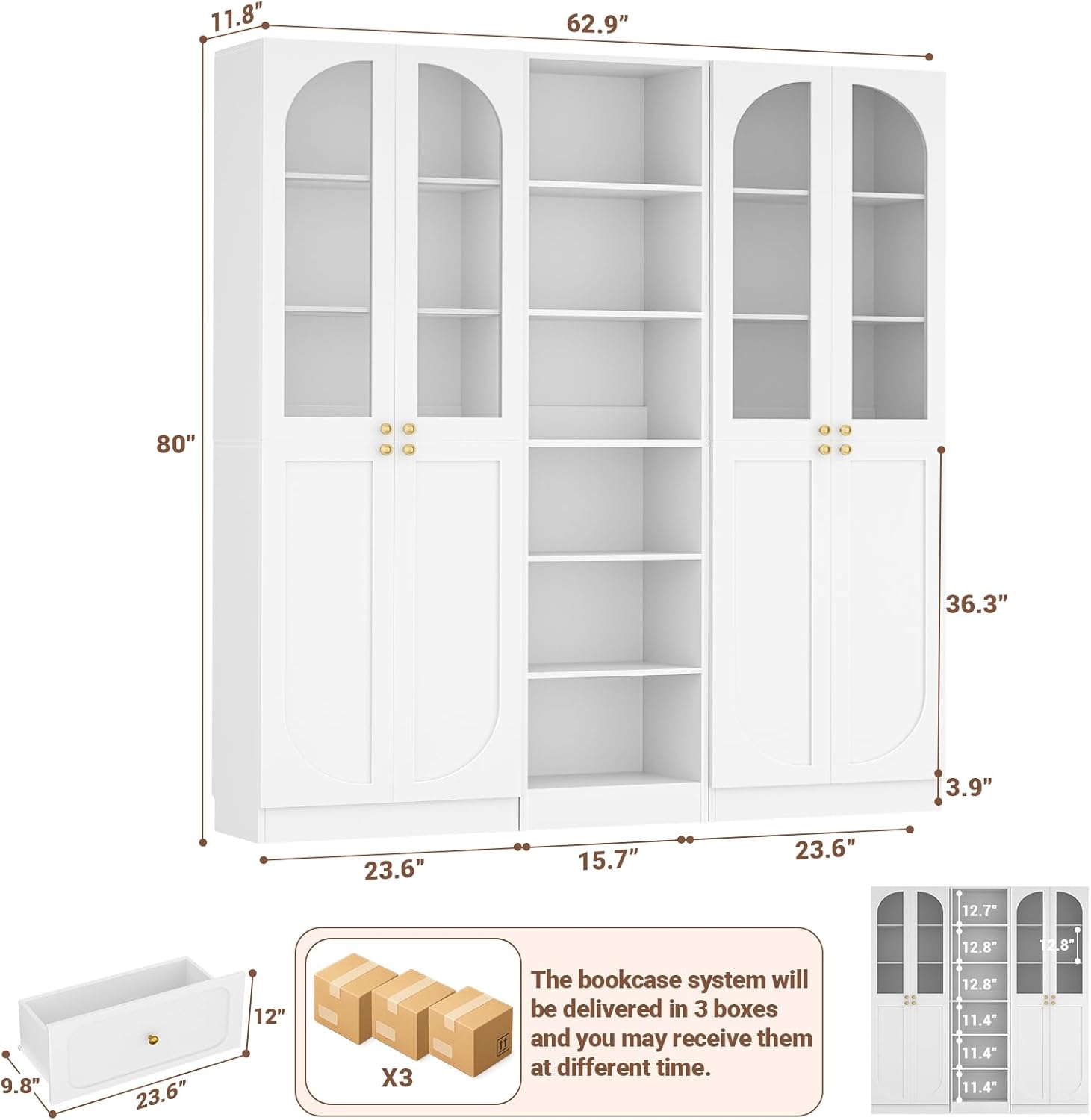 Cyclysio 80" Tall Pantry System with 4 Tempered Glass Doors, Arched Corner Pantries with 6-Tier Open Shelves, Wooden Cupboard Storage Organizer with Baseboard Cutout for Living Room