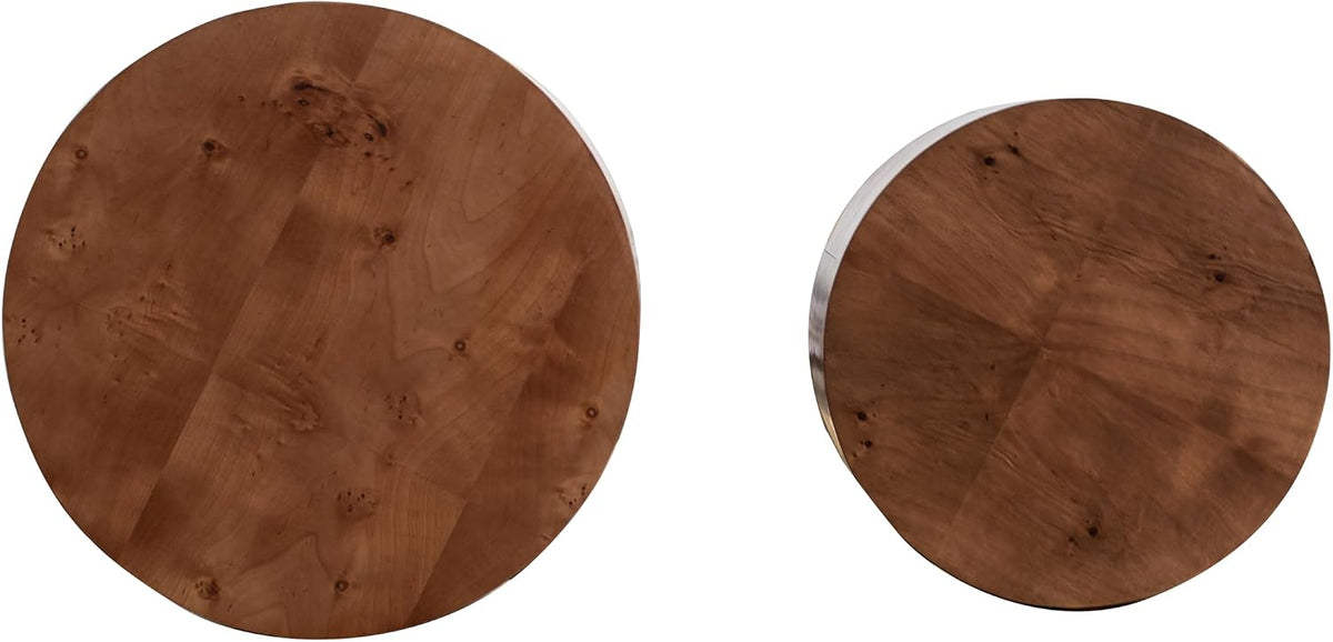 Nesting Coffee Table Set of 2, Modern Round Coffee Table, Wooden Circle Accent Tables for Small Spaces Living Room Bedroom Balcony Office Drum Side Table, Brown Burl