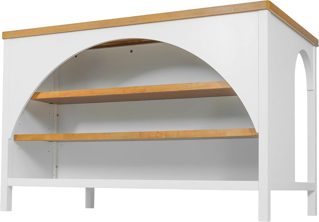 Christopher Knight Home Elle 56" Kitchen Island with Open Storage, Farmhouse Rubberwood Kitchen Island Table with Arch Detail, Storage Cabinet with 3 Open Shelves, Kitchen Prep Table, White+Natural