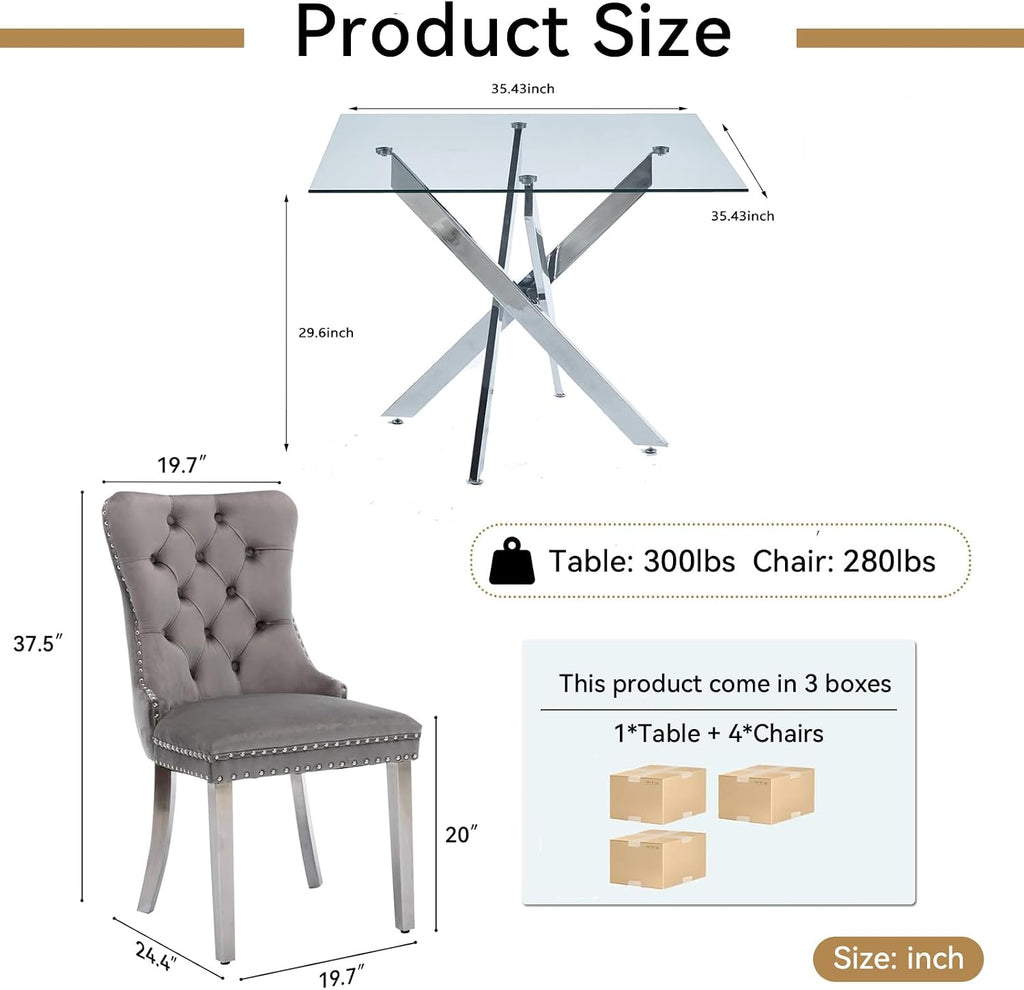 5 Piece Glass Dining Table Set Modern Small Glass Dining Table Set for 4, 35.43" Square Kitchen Table and 4 Velvet Upholstered Chairs for Kitchen Dining Room, Silver & Grey