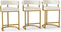 Modern Barrel Bar Stools Set of 3, 24" Velvet Counter Height Stools with Comfy Back and Arms, Sherpa Upholstered Kitchen Island Chair for Home Bar, Ivory
