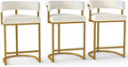 Modern Barrel Bar Stools Set of 3, 24" Velvet Counter Height Stools with Comfy Back and Arms, Sherpa Upholstered Kitchen Island Chair for Home Bar, Ivory