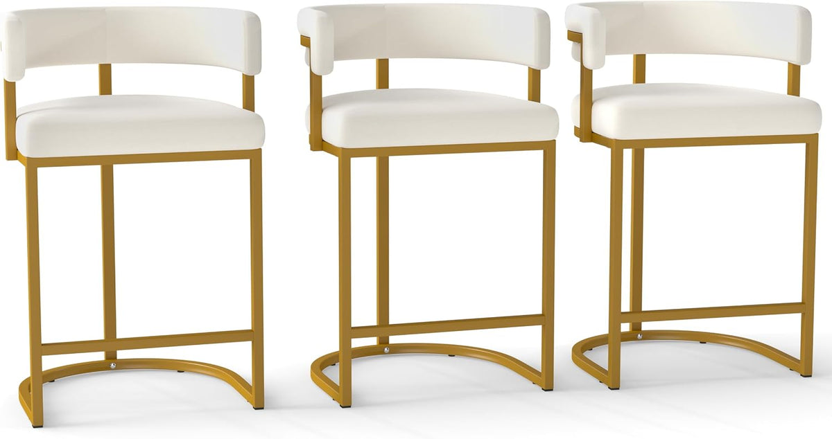 Modern Barrel Bar Stools Set of 3, 24" Velvet Counter Height Stools with Comfy Back and Arms, Sherpa Upholstered Kitchen Island Chair for Home Bar, Ivory