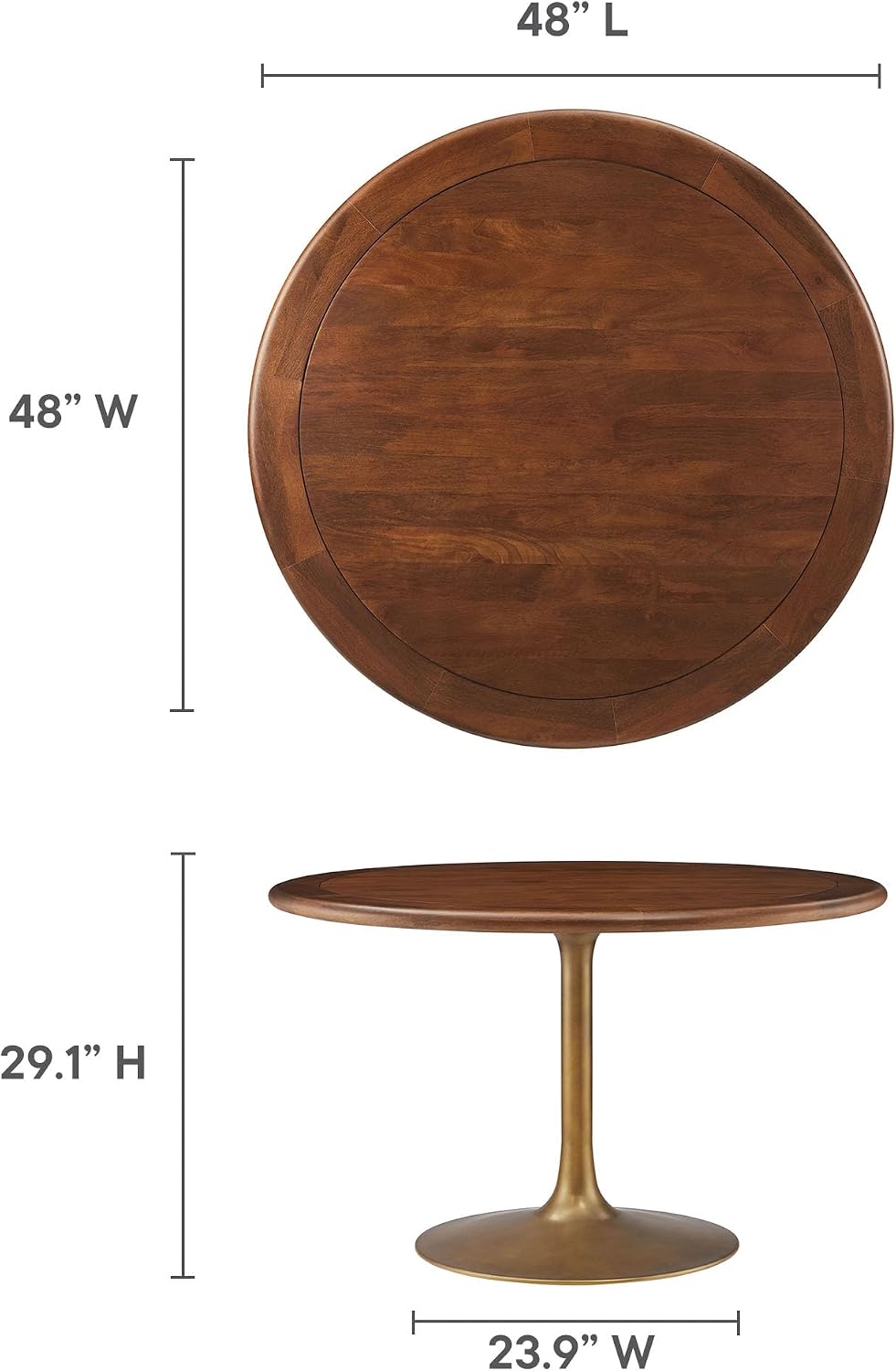 Modway Lippa 48 Inch Round Wood Dining Table with Metal Pedestal in Brass Walnut - Modern Industrial Dining Table for 4 People - Solid Wood Tulip Kitchen Table