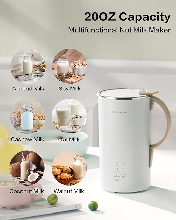 OK MOKKOM Automatic Nut Milk Maker 20 oz Soy Milk Maker, Homemade Almond, Oat, Coconut, Soy, Plant-Based Milk Dairy Free Beverages, Almond Milk Maker with Delay Start/Boild Water/Self Clean - White