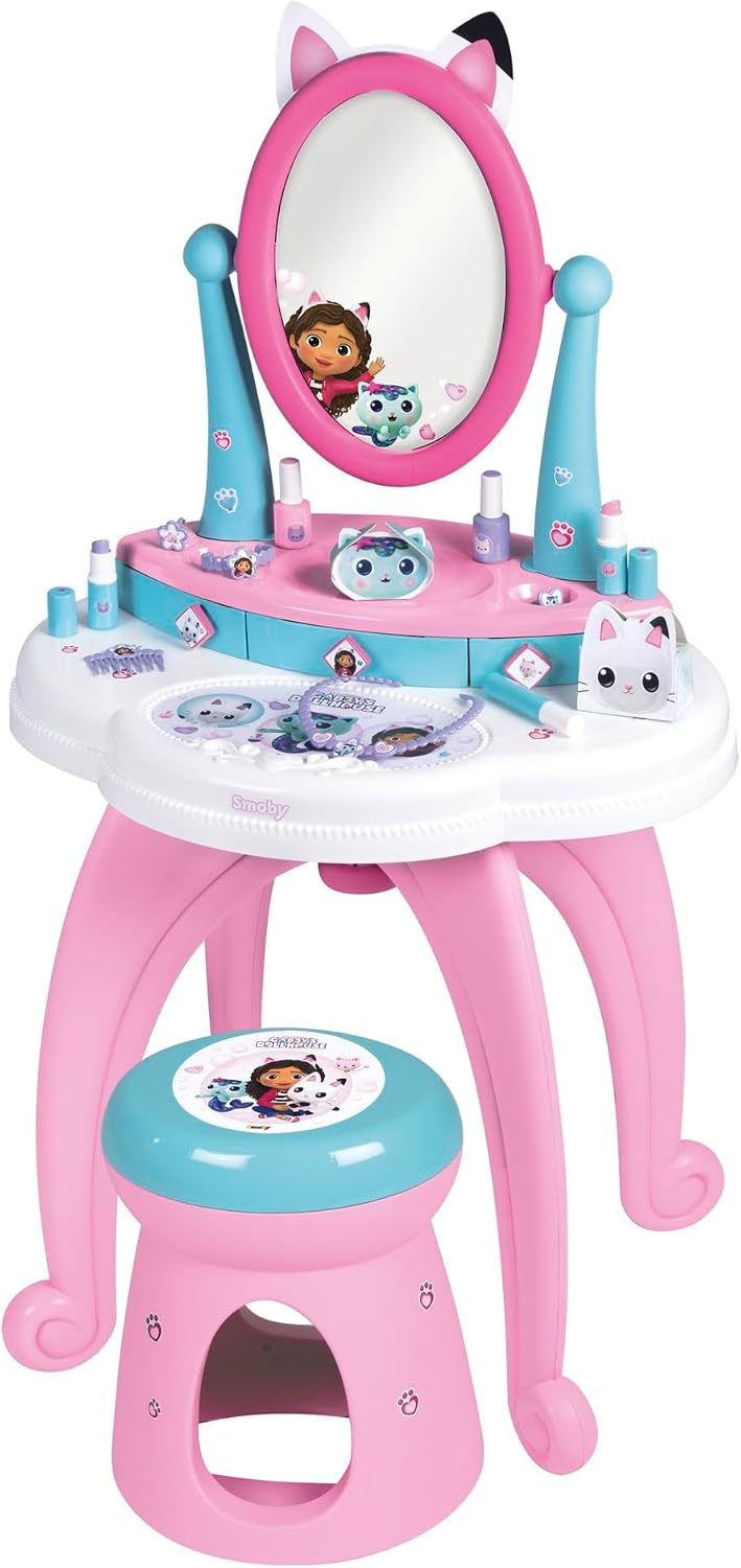 Smoby - Gabby et la Maison Magique - 2-in-1 Dressing Table - Stool + 12 Dummy Accessories Included - Adjustable Mirror - Suitable for Ages 3 and Above - Made in France