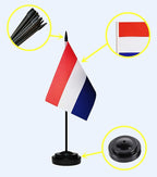 Netherlands Dutch Deluxe Desk Flag Set, Small Mini Miniature Netherlands Dutch Table Desktop Flags With Solid Pole, Black Base and Spear Top(2 Pack)