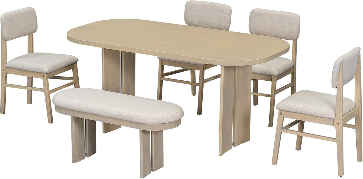6 Pieces Wood Dining Table Set with Bench, Farmhouse Rectangular Table with 4 Upholstered Chairs & 1 Bench for Family Gatherings﻿ (Natural)