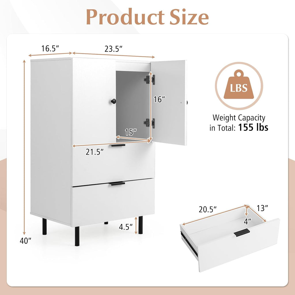 LOKO Buffet Cabinet with 2 Drawers, 2-Door Serving Cupboard with Raised Metal Legs, Modern Floor Coffee Bar Station, Buffet Table Display Cabinet for Living Room, Dining Room, Kitchen, White