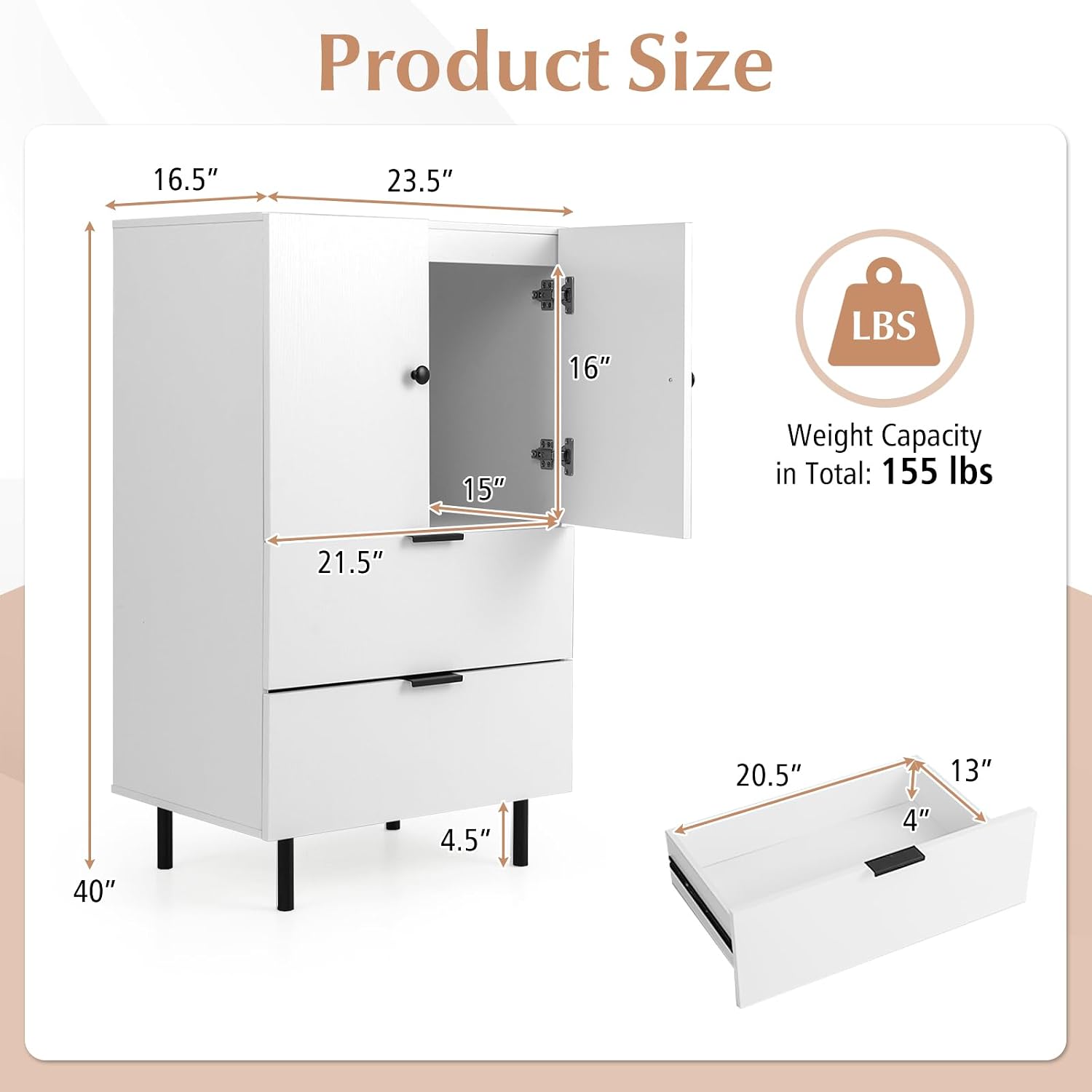LOKO Buffet Cabinet with 2 Drawers, 2-Door Serving Cupboard with Raised Metal Legs, Modern Floor Coffee Bar Station, Buffet Table Display Cabinet for Living Room, Dining Room, Kitchen, White