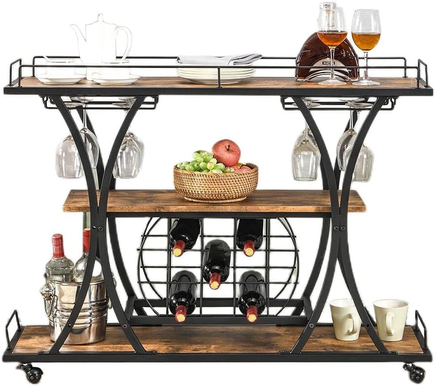 TQVAI Wooden Bar Cart with Wine Rack and Glass Holder, 3-Tier Rolling Bar Serving Cart for Home Bar, Kitchen, Party, Metal Frame, Lockable Wheels, Antique Brown