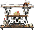 TQVAI Wooden Bar Cart with Wine Rack and Glass Holder, 3-Tier Rolling Bar Serving Cart for Home Bar, Kitchen, Party, Metal Frame, Lockable Wheels, Antique Brown