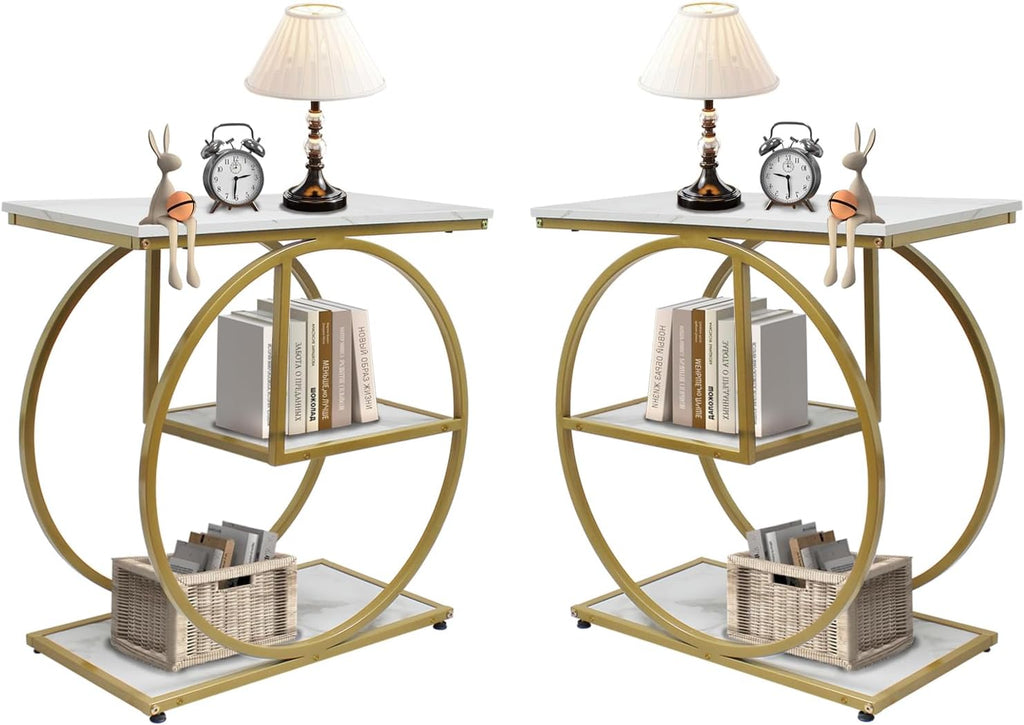 AT-VALY Pair of 2 Side Table with Storage Shelves,3-Tier End Table, Small Sofa Side Table for Living Room, Bedroom (Gold)
