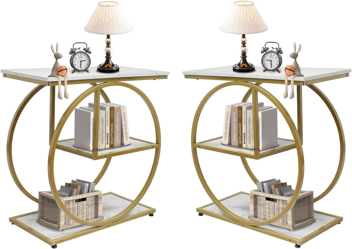 AT-VALY 3-Tier End Table, Side Table with Storage Shelves, Small Sofa Side Table for Living Room, Bedroom (Gold)
