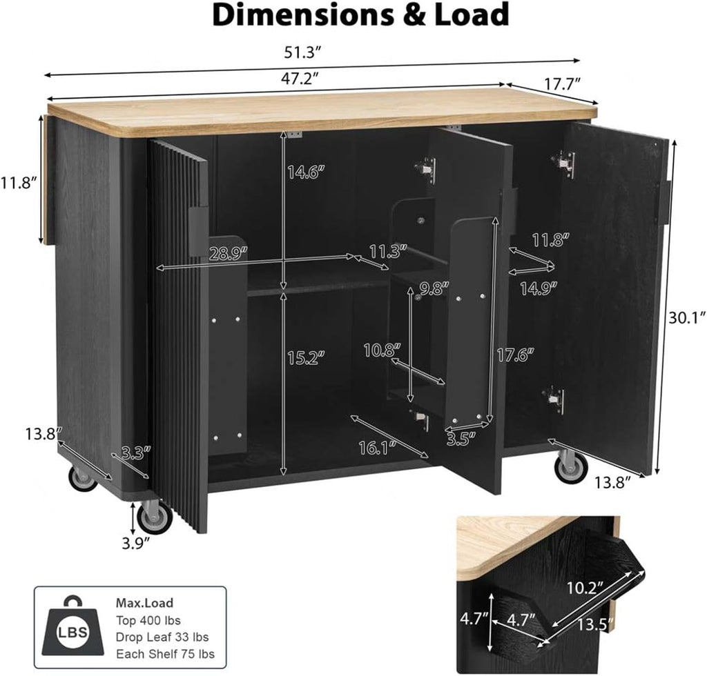 Narrow Kitchen Island with Drop Leaf Height-Adjustable Shelves, Island Table for Kitchen with Wheels Towel Rack， for Kitchen, Dining Room, Black