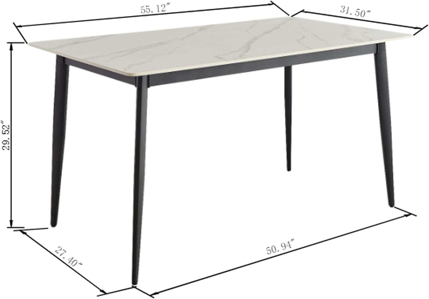Sintered Stone Dining Table, Faux Marble Dining Table for 4-6 People, 55" Rectangular White Kitchen Table with Porcelain Table Top and Metal Legs for Living Room(1 Table Only)