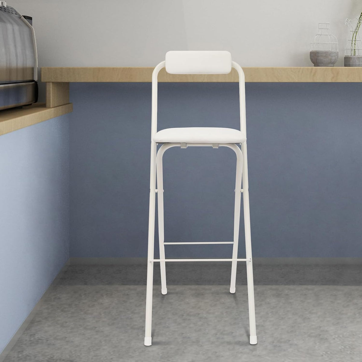 Folding Bar Stool with Back, 1 Pcs 30 Inch Tall Foldable Stool Chair Portable High Folding Bar Chair Counter Height Seat Leather Padded for Kitchen Shop Cafe Dining Room (30 Inch Tall White)