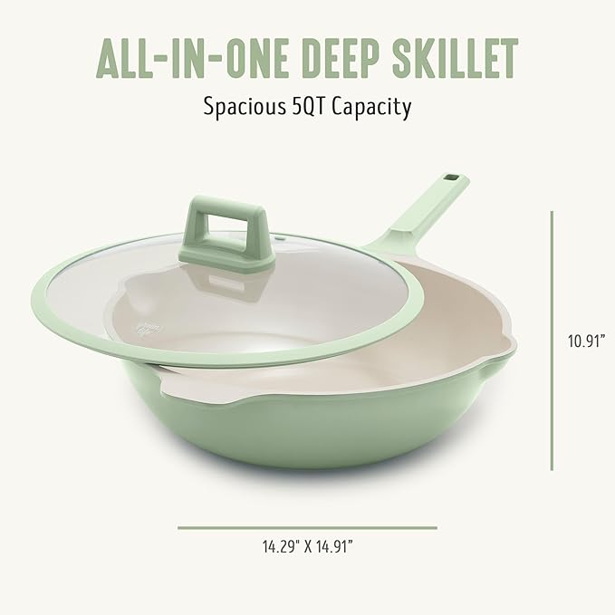 GreenLife Nonstick 12” (5QT) All in One Deep Skillet Wok with Lid, PFAS-Free Non-Toxic Ceramic Multi-Purpose Pan, Induction, All Stovetop, Egg, Stir Fry, Saute, Stay Cool Handle, Sage Green