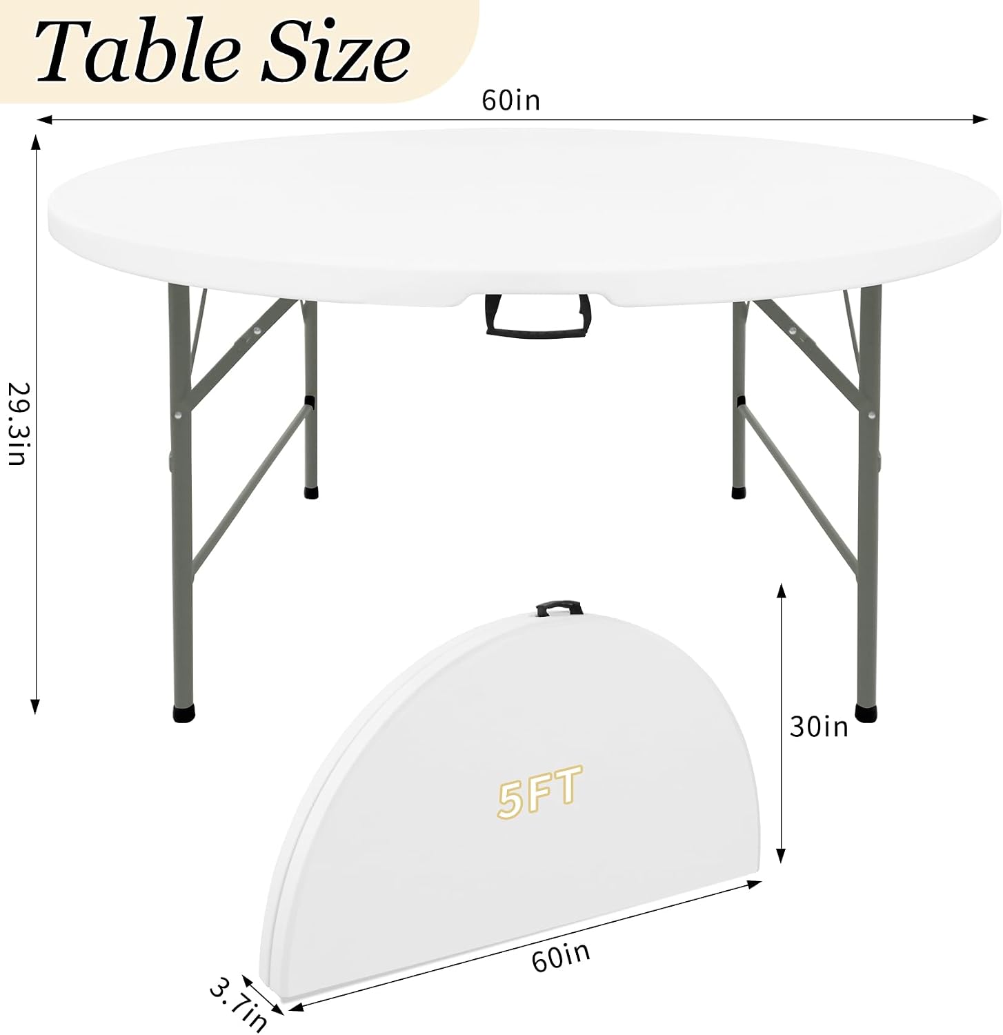 HAISIWLKJ 5FT Round Folding Table White Fold-in-Half with Carrying Handle Portable Plastic Table for Outdoor or Indoor Dining,Wedding, Camping,Party Table