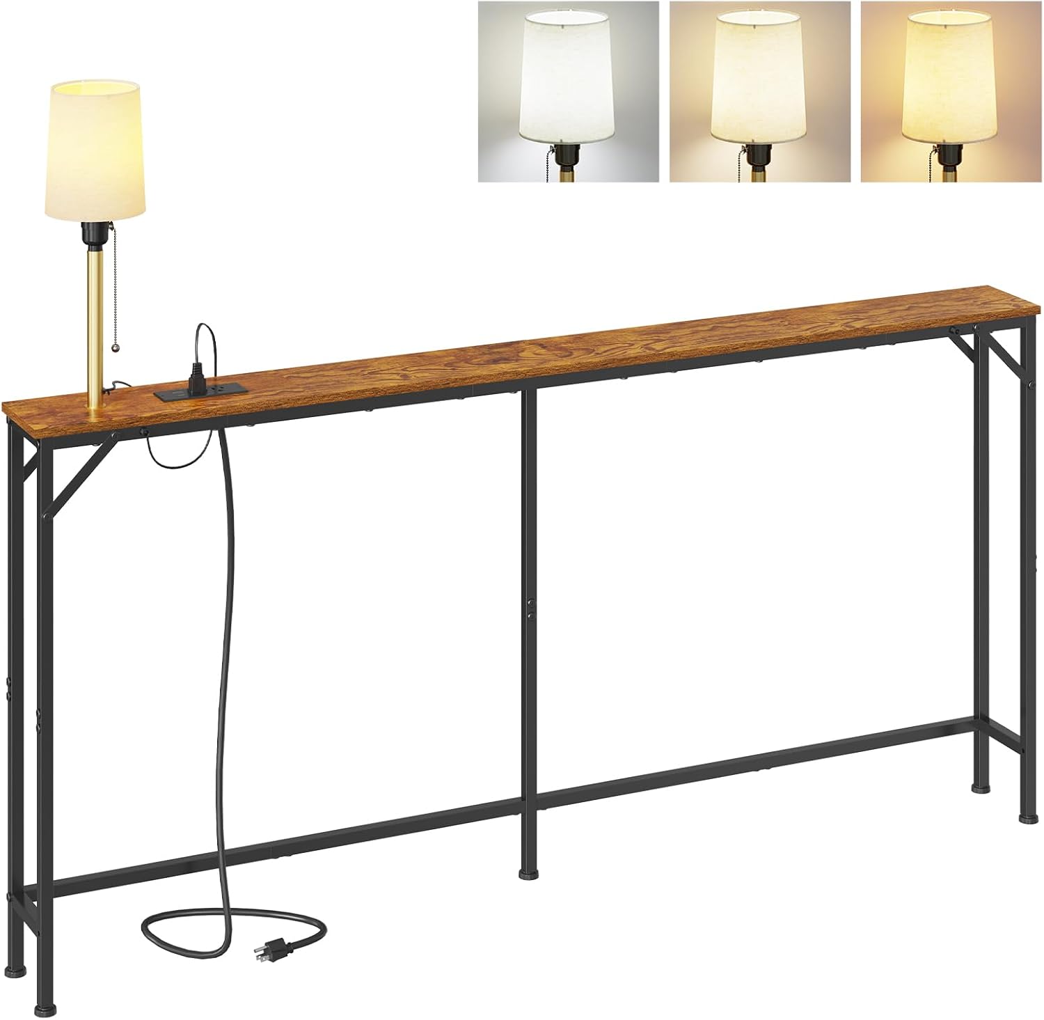 keomaisyto 63 Inch Narrow Console Table with 3-Color Adjustable Light and Charging Station, Sofa Table Behind Couch with 2 AC Outlets USB & Type-C Port, Extra Long Entryway Table, Rustic Brown