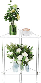 Clear Triangle Acrylic Side Table for Small Space, 11.81" L x 11.81" W x 19.82" H, 2-Tier Transparent Corner Shelf Stand End Table, Corner Storage Display Rack for Living Room Bedroom Bathroom