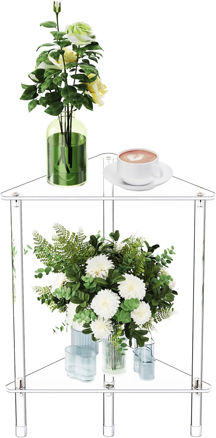 Clear Triangle Acrylic Side Table for Small Space, 11.81" L x 11.81" W x 19.82" H, 2-Tier Transparent Corner Shelf Stand End Table, Corner Storage Display Rack for Living Room Bedroom Bathroom
