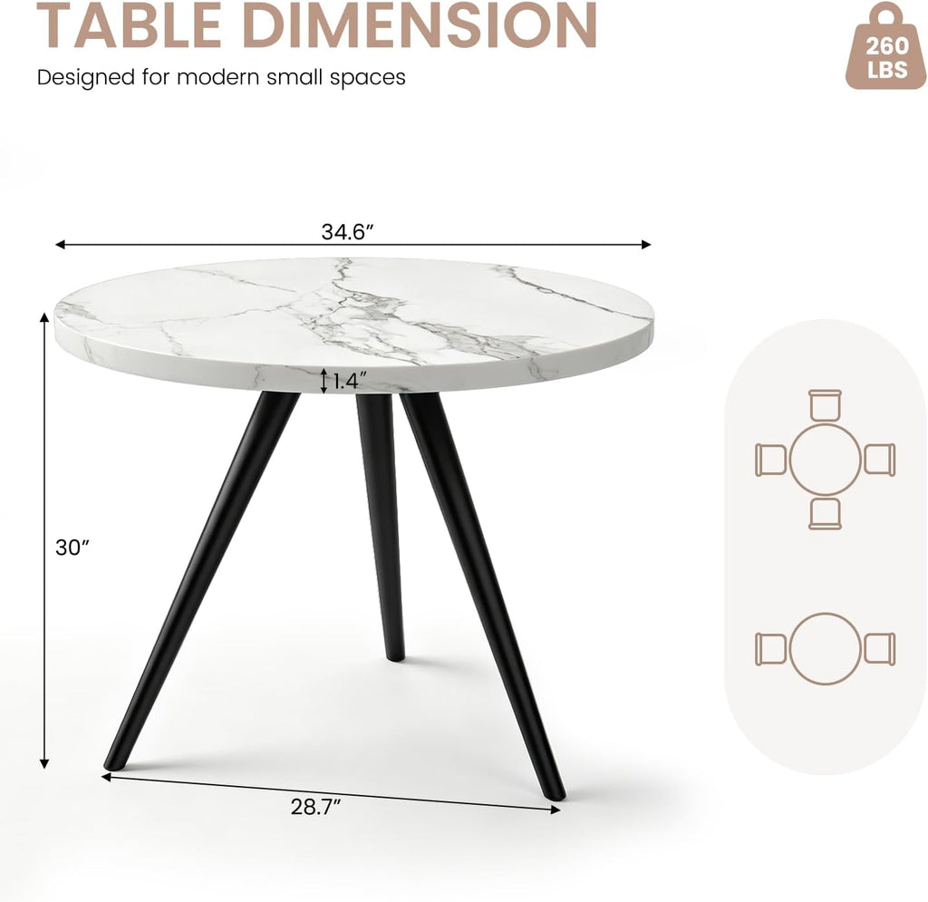 34.6" Round Dining Table for 4 People, Modern Kitchen Coffee Table White | Space-saving MDF Top, Tapered Legs & Thickened Edge, Sturdy & Seamless, Small Table Great for Dining Room, Office, Apartment