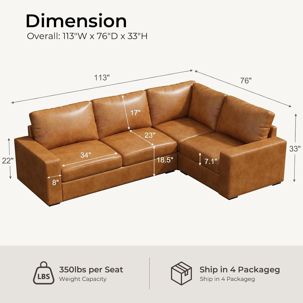 ELUCHANG 113" V-Shaped Modular Sectional Sofa Couch, Modern 4-Seat Premium Faux Leather Deep Seat Sofa with Corner, Removable Cover, Easy Assembly, Large Sofas & Couches for Living Room, Office, Brown