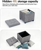 ABHENG Steel Frame Square Ottoman with Storage Gray UASND641G | 17.7" x 17.7" x 17.7", Hold 660 lbs, 48L Storage Capacity, Breathalbe Chenille, Removable Lid, for Dorm Living Room