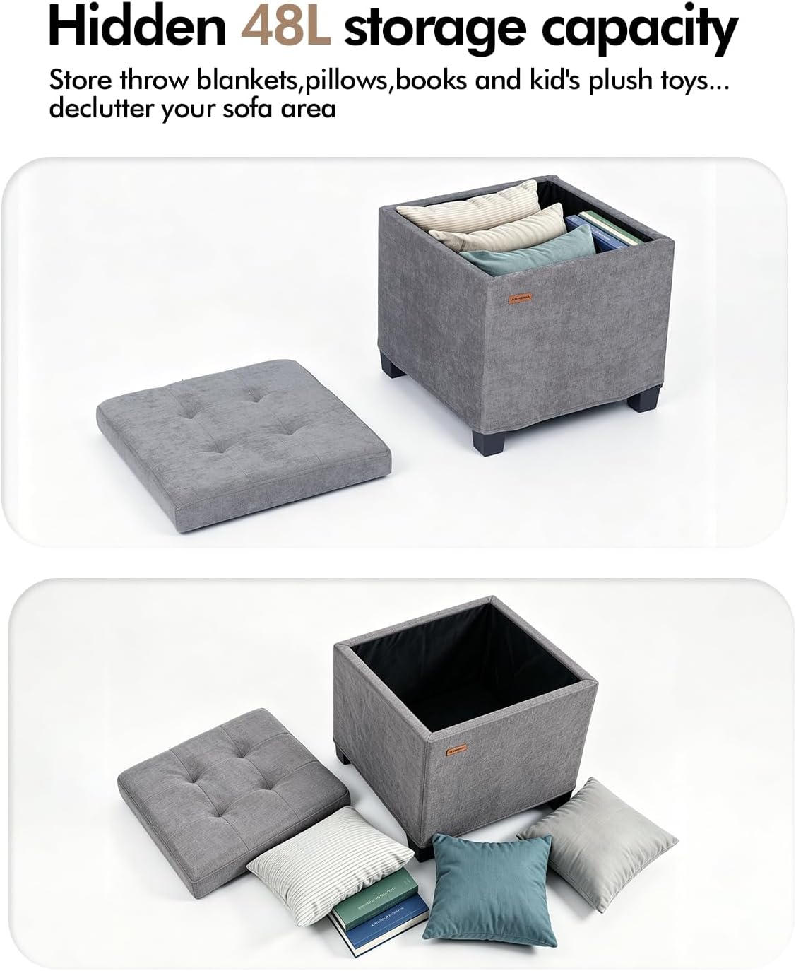 ABHENG Steel Frame Square Ottoman with Storage Gray UASND641G | 17.7" x 17.7" x 17.7", Hold 660 lbs, 48L Storage Capacity, Breathalbe Chenille, Removable Lid, for Dorm Living Room