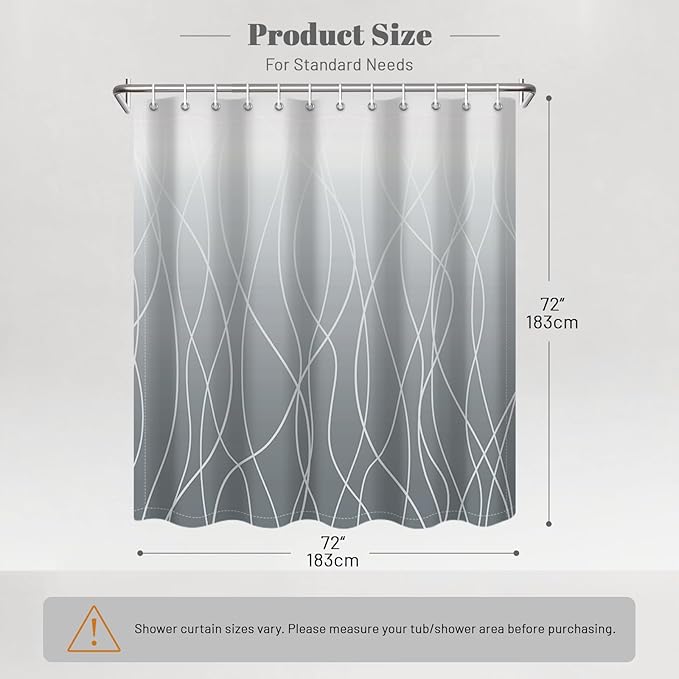 Punkray Ombre Grey Shower Curtain for Bathroom with Hooks, White Shower Curtain Set, Stripe Bath Curtains Decorative Shower Curtains Water Repellent Washable, 72 x 72