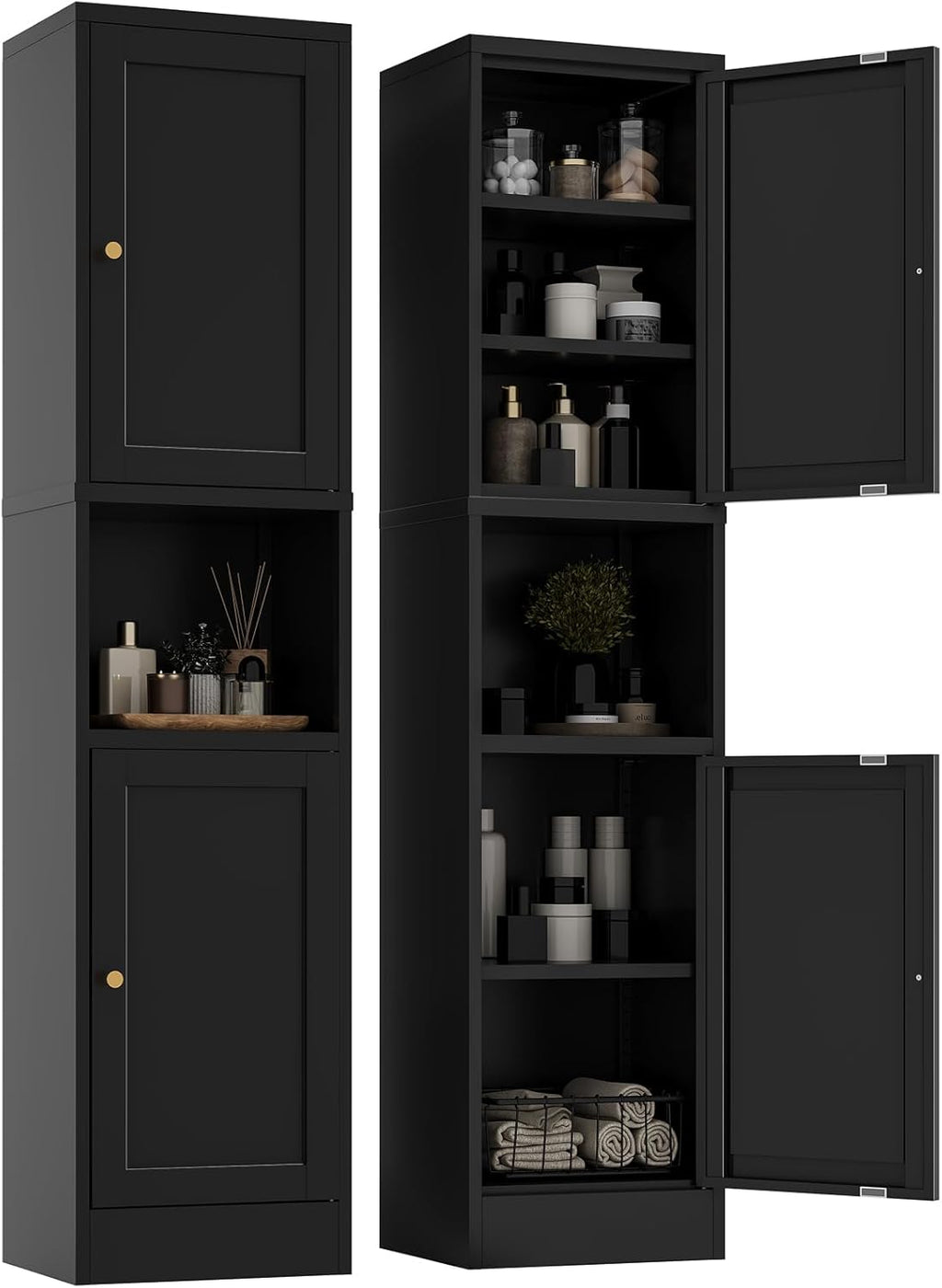 YAUWOH 2-Door Metal Storage Cabinet, Tall Slim Pantry Organizer with 3 Adjustable Shelves (120LBS/Shelf), Anti-Tipping Waterproof Cabinet for Bathroom/Kitchen/Home Office/Small Spaces, (1PC,Black)